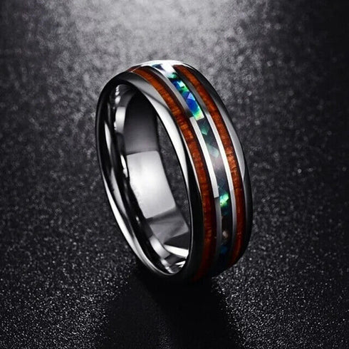 Men's 8mm Tungsten With Hawaiian Koa Wood & Abalone Shell Tri-Inlay Wedding Band